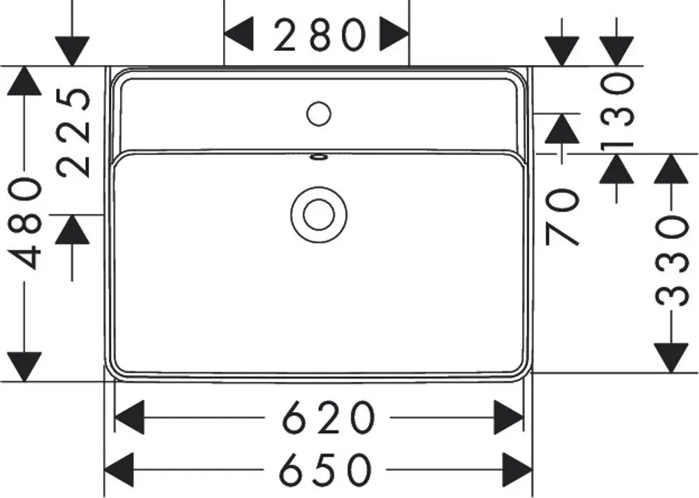 Waschtisch im technischen Zeichnungsstil mit Hahnloch. Die Maße sind detailliert eingezeichnet. Das Design entspricht den Standards von Hansgrohe.